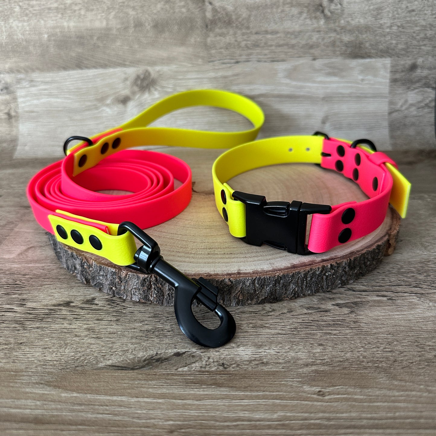 Neon Pink & Neon Yellow Waterproof Dog Collar & Dog Lead Set