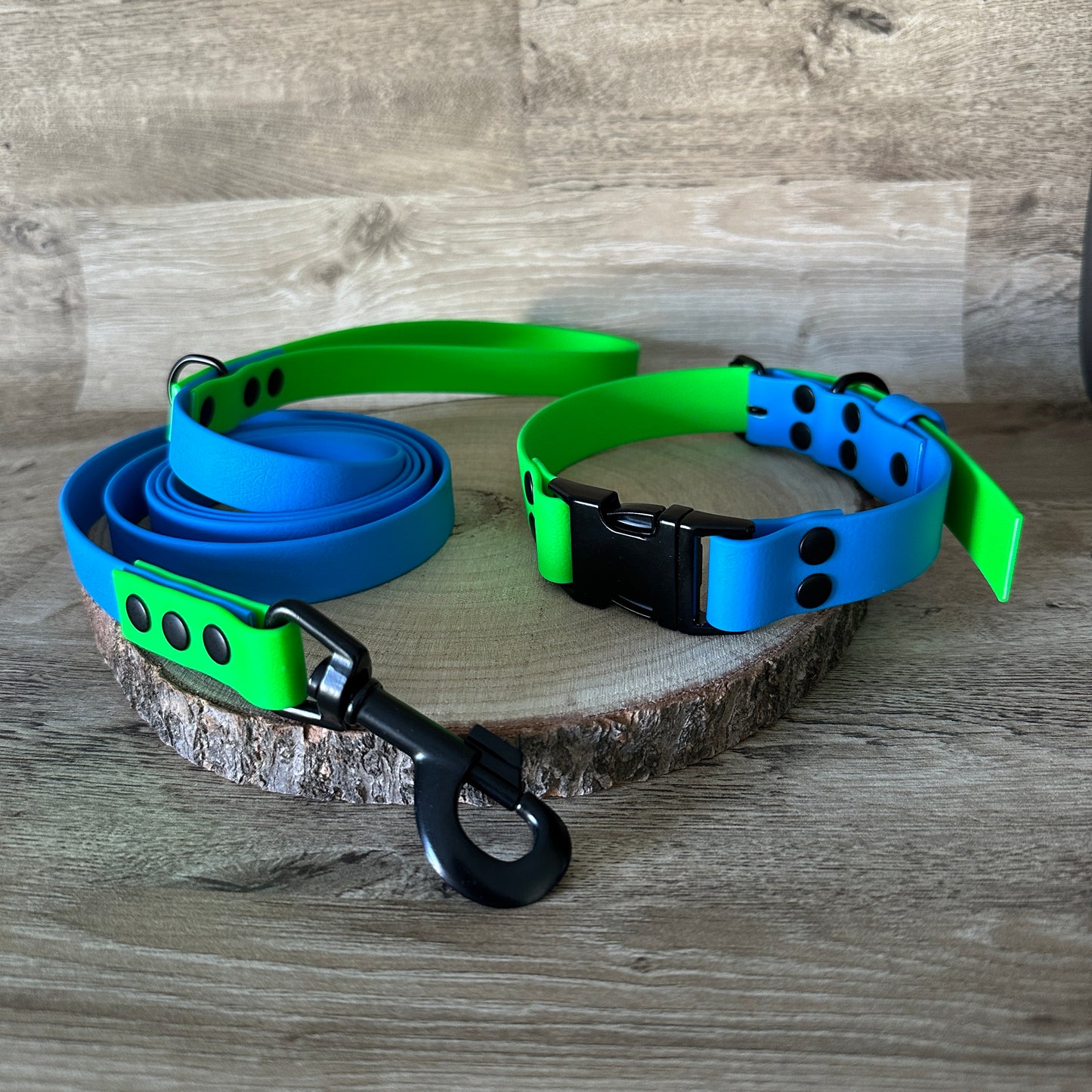 Sky Blue & Neon Green Waterproof Dog Collar & Dog Lead Set