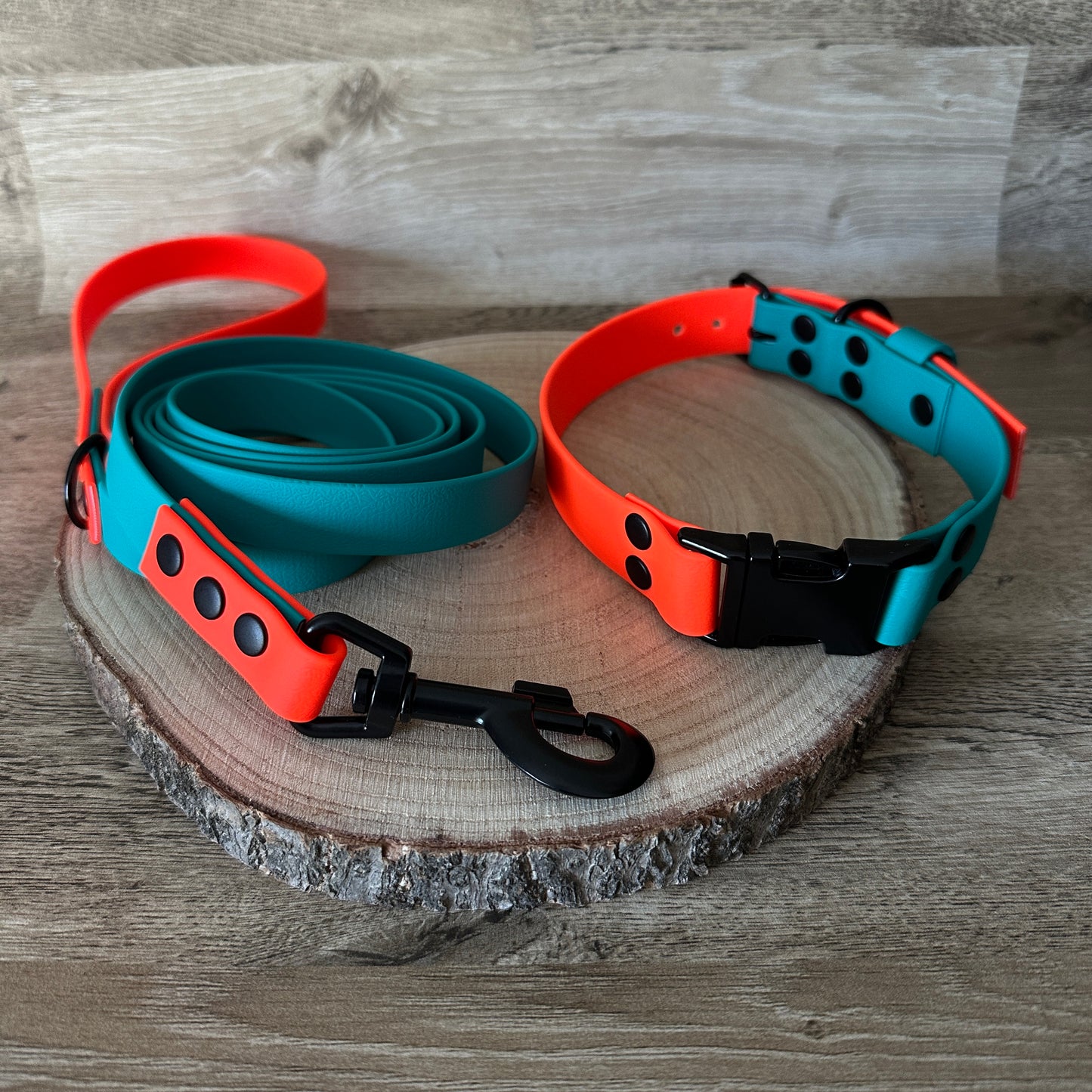 Neon Orange & Pastel Green Waterproof Dog Collar & Dog Lead Set